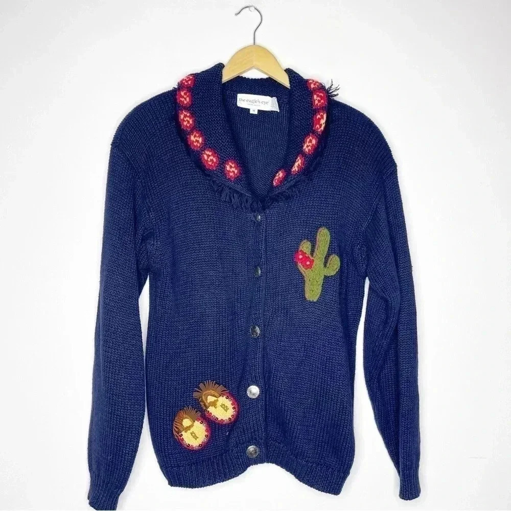 Vintage The Eagles Eye Southwestern Sweater Womens Medium Cardigan Cactus Navy